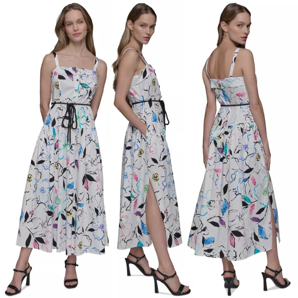 Karl Lagerfeld Abstract Printed Square-Neck Midi Dress, White Multi, US 8